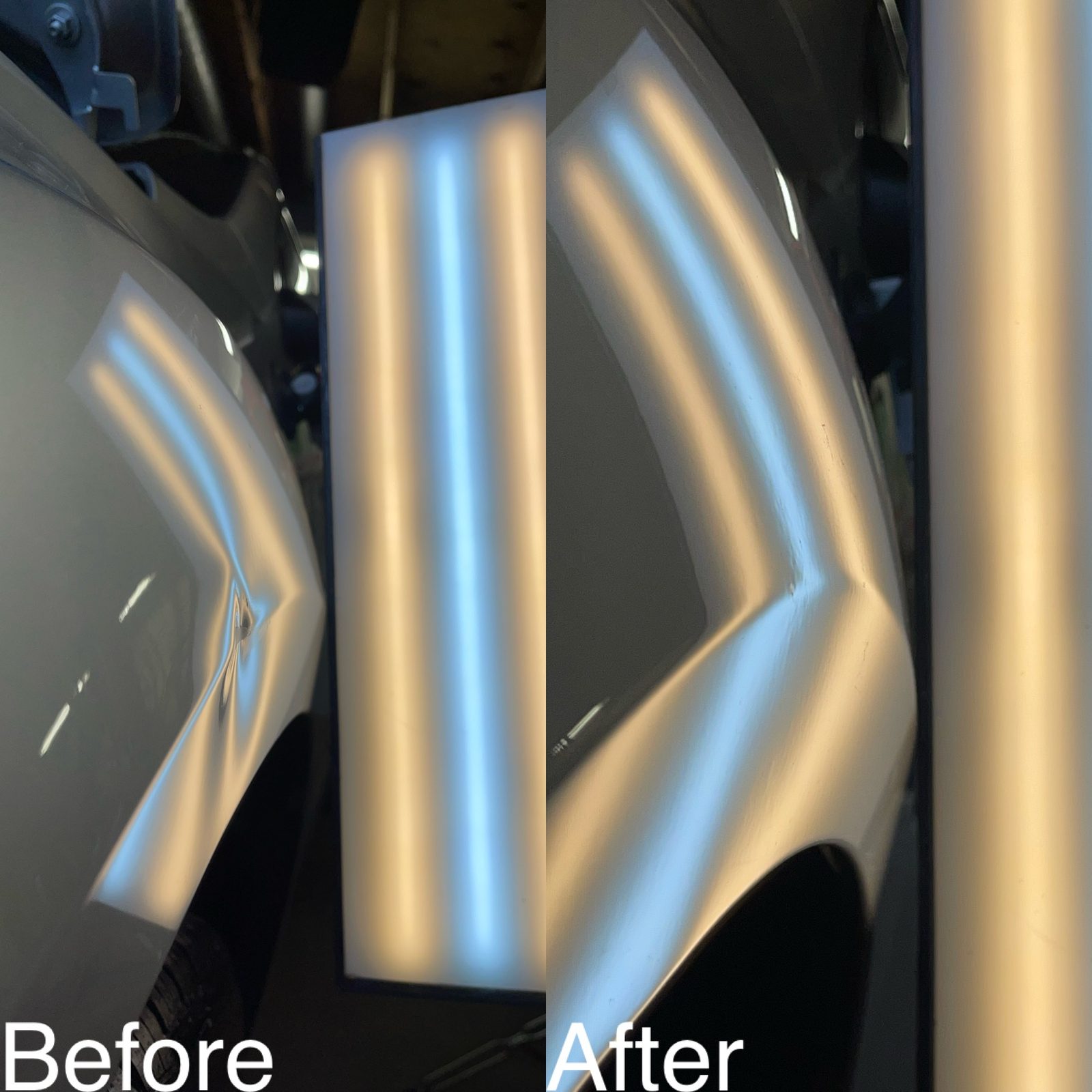 A before-and-after reflection board used to show a dent repair result